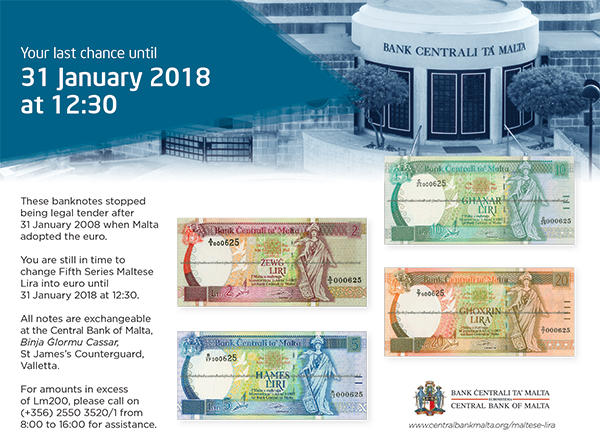 Last chance to exchange Maltese Lira Fifth Series banknotes